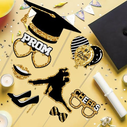 Prom Photo Booth Props, 39Pcs Black Gold and Silver Prom Send Off Decorations Photo Booth Props for Masquerade Party Decorations for Home Office Decoration