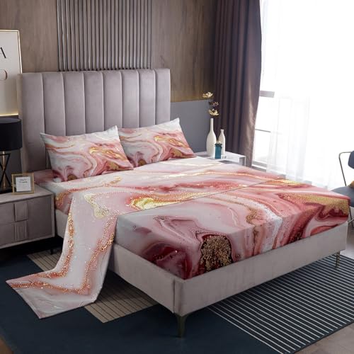 Girly Marble Bed Sheets - Pink Gold Marble Print Sheet Set for Kids and Teens, Soft Modern Texture, 4 Piece Glitter Bedding Set (1 Fitted, 1 Flat, 2 Pillowcases) - color: Multi 02, size: Queen