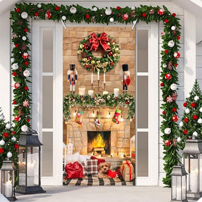 Buryeah Christmas Door Cover Decoration Christmas Fireplace Door Cover Xmas Nutcracker Banner Backdrop Photo Booth Prop Background for Winter Xmas Holiday New Year Party 6.5 x 3 Feet(Bright) - style: Bright