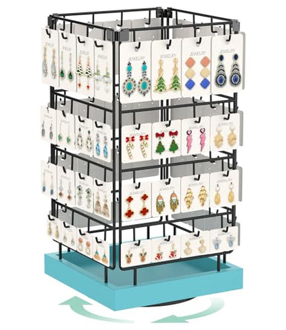 EsLuker.ly Rotating Earring Display Holder Stand for Vendors Events Selling, Large Capacity 64 Hooks Jewelry Rack with Wooden Base for Earring Card Sales, Enhances Retail Visibility (Blue) - color: Blue+Black