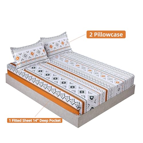 MAG 3PCS Colorful Bohemian Bed Sheet Twin Size, Retro Orange Printed Boho, Microfiber Bedding Sheet, 1 Fitted Sheet with 2 Pillowcases, 14 Inches Deep - color: Orange-boho, size: Twin