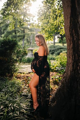 Saslax Soft Stretchy Lace Off Shoulder Doubly Split A-line Skirt Maternity Dress Pregnancy Maxi Gown for Photoshoot - color: Black, size: Small