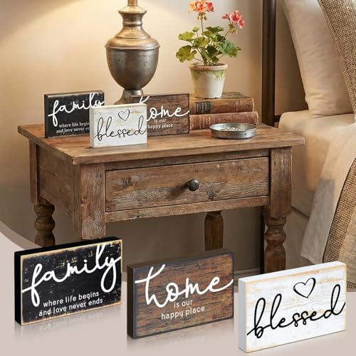 Jetec 3 Pcs Wooden Family Sign Rustic Blessed Home Wall Art Wood Wall Mini Decor Farmhouse Table Shelve Decoration Sign for Bedroom Kitchen Living Room Table Decor (Rustic Color,4.25 x 2.76 x 0.59 in) - color: Rustic Color, size: 4.25 x 2.76 x 0.59 in