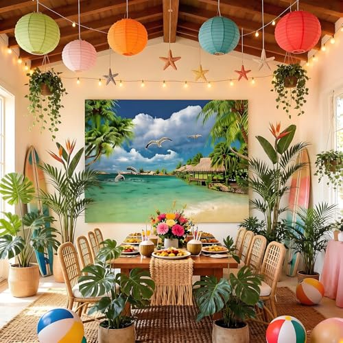 Summer Tropical Seaside Beach Holiday Party Photography Background Resort Beautiful Landscape Photo Backdrop Banner Flying Sea Gull Studio Props Decorations 6x4ft