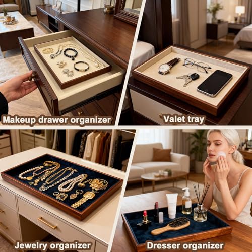 Large Solid Wood Jewelry Watch Tray, Velvet Jewelry Board Display Trays for Key Wallet Ring，Stackable Wooden Jewelry Drawer Organizer Showcase Jewelry Holder(Beige) - color: Beige