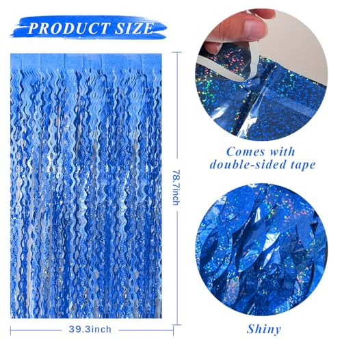 Blue Backdrop Wavy Tinsel Foil Fringe Curtains for Parties Sparkle Metallic Wavy Blue Birthday Decorations for Streamers Party Decorations Photo Booth Props Birthday Ocean Party Decor Supplies - color: Dark Blue, size: 10 Pack