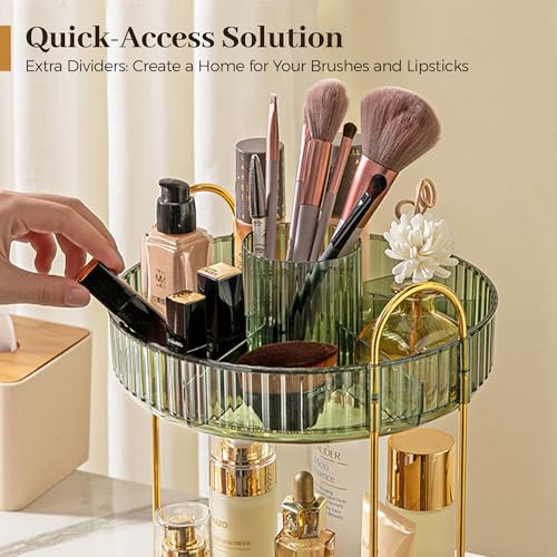 Aveniee 360 Rotating Makeup Organizer for Vanity, Perfume Storage with Brush Holder for Bathroom Countertop, 3 Tier Spinning Skincare Display Case for Lipstick Cosmetic Lotion,Green - color: Gem Green, size: New-3 Tier