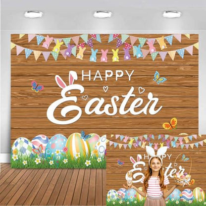 XCKALI Wood Easter Backdrop Wooden Happy Easter Day Photography Background Wooden Colorful Eggs Party Decoration 7x5FT