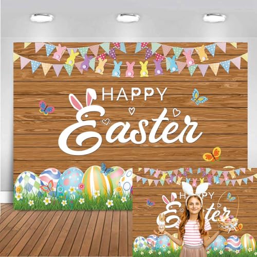 XCKALI Wood Easter Backdrop Wooden Happy Easter Day Photography Background Wooden Colorful Eggs Party Decoration 7x5FT