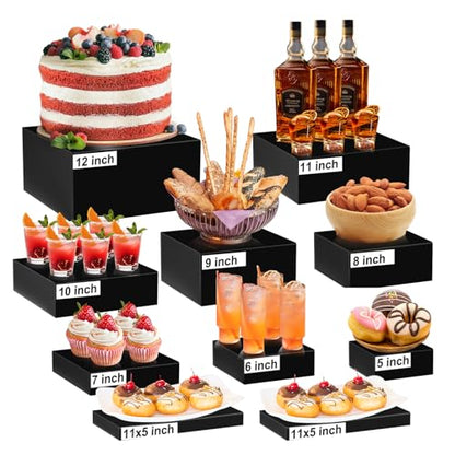 10 Pcs Large Acrylic Buffet Risers, Black Food Display Stands for Buffet, Dessert Table, Jewelry, and Catering, Stackable Food Risers with Hollow Bottoms, Nesting Cube Box (12"-11"-10"-9"-8"-7"-6"-5")
