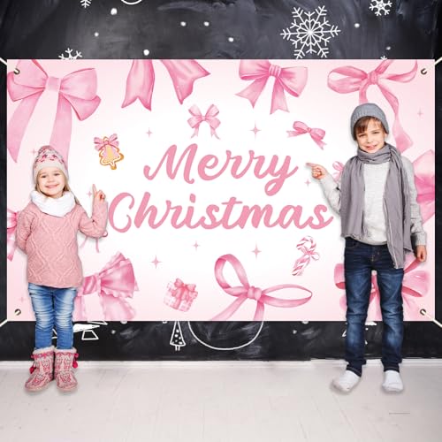 Pink Bow Christmas Backdrop Xmas Birthday Party Decorations Merry Christmas Photography Background Pink Bow Hanging Banner for Girls Women Birthday Bachelorette Party Supplies Photo Props 6x3.6 ft