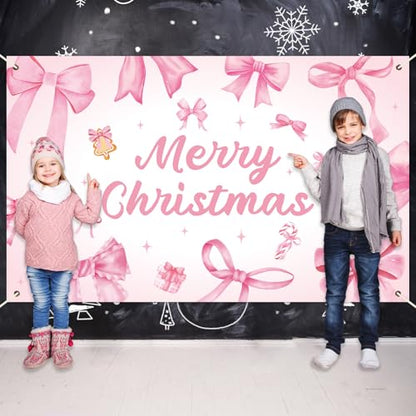 Pink Bow Christmas Backdrop Xmas Birthday Party Decorations Merry Christmas Photography Background Pink Bow Hanging Banner for Girls Women Birthday Bachelorette Party Supplies Photo Props 6x3.6 ft