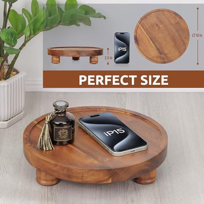 Demigo 10" Acacia Wood Round Tray - Decorative Plant Stand, Farmhouse Countertop Organizer, Multi-Purpose Display Pedestal, Riser Board for Soap, Perfume, Candles, Sponge, Bathroom, Kitchen