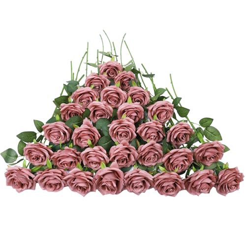 LVEFIT 30 Pcs Artificial Rose Flower Dusty Rose Flowers Silk Flowers with Long Stem Silk Roses Bouquet for Wedding Bridal Shower Party Home Decoration - color: Dusty Rose, size: 30pcs