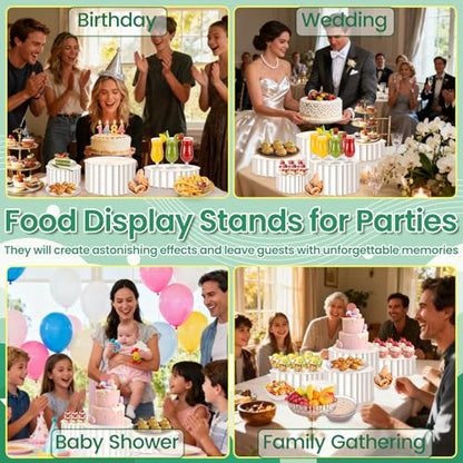 Lucomb 5 PCS Buffet Risers, Food Display Risers for Table, Foldable Cake Stands with Dessert Knife, Fork, Spoon, White Cardboard Cylinder Risers for Party, Wedding, Birthday, Holiday