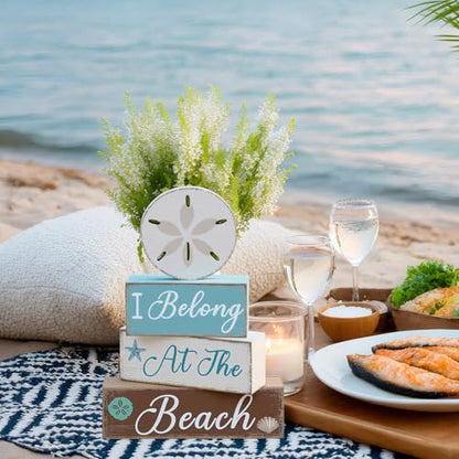 GlikCeil 4 Pcs Summer Sand Dollars Wooden Table Decorations Centerpieces Blocks Sand Dollars Summer Beach Tiered Tray Table Top Sign Decor for Office Dining Room Mantle Home Wood Party Supplies - style: Beach