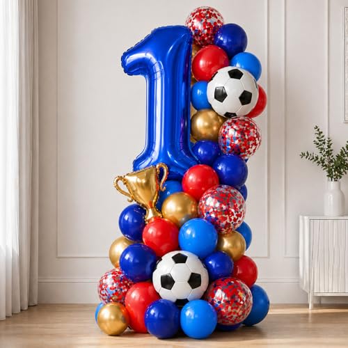 Soccer Balloons, 12Inch Blue Red Gold Soccer Printed Latex Balloons, Navy Royal Blue Red and Metallic Gold Helium Balloon with Confetti Balloon for Sport Football Theme Boy Men Birthday Party Decor - color: Soccer Blue Red Gold