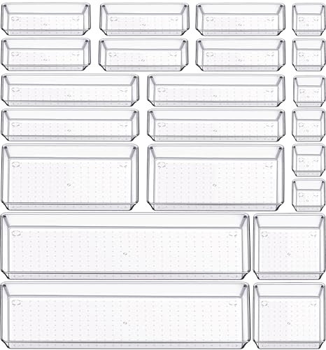 Criusia 22 Pcs Drawer Organizer Bins, Acrylic Non Slip Kitchen Drawer Organizers Storage Tray Divider, Multifunctional Storage for Cosmetics, Bathroom, Tools, Kitchen and Office - size: 22 Pack