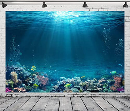 BELECO Underwater World Backdrop 7x5ft Fabric Undersea Backdrop for Photography Under The Sea Tropical Fish and Corral Deep Sea Sunlight Seabed Background Undersea Party Decor Photo Studio Props - size: 7x5FT