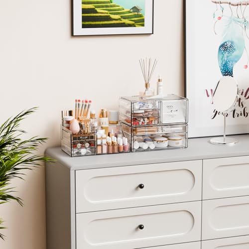 Yieach 3 Pack Clear Makeup Organizer Countertop for Dresser,Vanity and Bathroom Counter Organizer,Tiered Stackable Makeup Acrylic Organizers with 9 Drawer for Skincare,Brush and Make up Holders - style: 9 Drawers