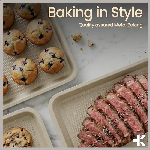 BAKKEN Kitchen Baking Pans - Nonstick White Coating, 13.58’’ × 9.65’’ Commercial Grade Carbon Steel Cookie Sheet, Diamond Texture Bottom, PFOA, PFOS, PTFE Free, Oven Safe Tray (450°F), White Marble - color: White Marble, size: Pack of 1