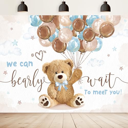 We Can Bearly Wait Backdrop 10Wx8H Feet Bear Baby Shower for Boys Cute Cartoon Brown Blue Balloons Clouds Gold Dots Vinyl Newborn Photography Backgrounds Photo Shoot Decor Props Decoration - color: A-Brown Bear01, size: 10Wx8H(Extra Large)