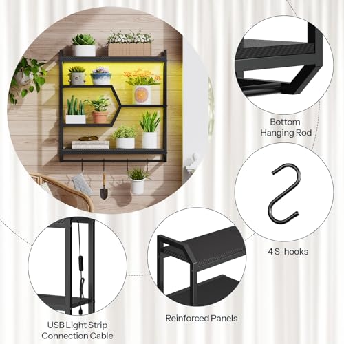 HOOBRO Gaming Floating Shelf with LED Lights, 27.5" LED Wall Mounted Shelf with Hanging Rod & 4 S-Hooks, 4-Tier Hanging Display Rack, for Living Room, Gaming Room, Black BB71DBJ01 - color: Black