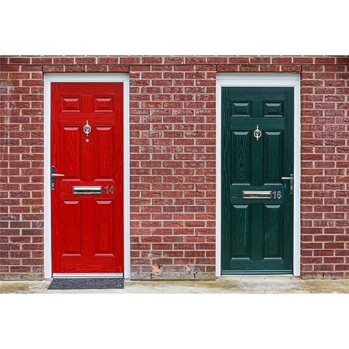 Renaiss 10x7ft Red & Green Door Backdrop for Photoshooting Vintage Doors on Red Brick Wall Photography Background Retro Bricks Front Doors Party Decors Portrait Street Snap Photo Booth Props - size: 10x7ft