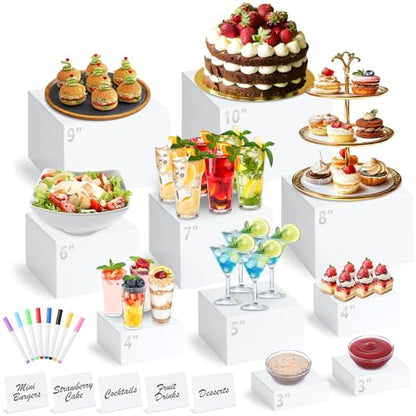 10 Pcs White Acrylic Buffet Risers with Mini Sign and Marker, Food Display Stands for Buffet Table Party Catering Dessert Jewelry Collectibles, Acrylic Cube Nesting Boxes with Hollow Bottoms 8 Sizes (10" 9" 8" 7" 6" 5" 4" 4" 3" 3") - size: 10" 9" 8" 7" 6"