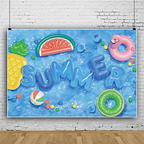 Renaiss 10x7ft Hello Summer Backdrop Swim Ring Beach Ball Swimming Pool Background Summer Holiday Splash Party Banner Kids Birthday Baby Shower Wedding Graduation Water Party Decors Photo Booth Props - size: 10x7ft