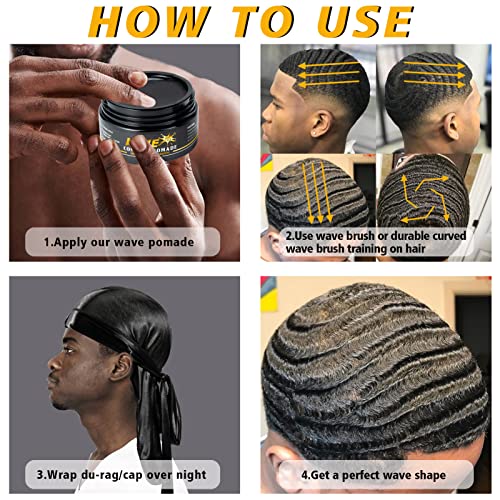 Goiple Wave Pomade for Men Strong Hold Easy Wash 360 Wave Training Hair Cream, Waves Grease for Men Promotes Layered Waves, Moisture, Control and Silky Shine Pomade Brushe Silky Durag Cap Set