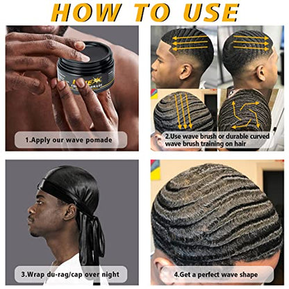 Goiple Wave Pomade for Men Strong Hold Easy Wash 360 Wave Training Hair Cream, Waves Grease for Men Promotes Layered Waves, Moisture, Control and Silky Shine Pomade Brushe Silky Durag Cap Set