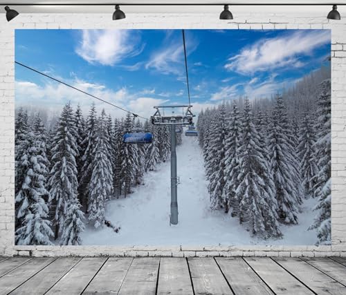 BELECO 10x8ft Fabric Winter Ski Resort Backdrop Snowy Mountain Cableway Station Fir Trees Background Winter Theme Kids Birthday Party Decor Photo Studio Props - size: 10x8FT