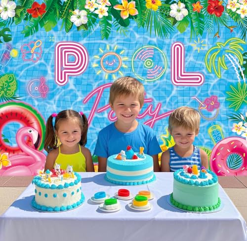 Pool Party Backdrop Summer Beach Ball Decorations Banner Tropical Palm Tree Flower Photography Background Birthday Swimming Party Decor Photo Booth Props (7x5FT（210x150cm）) - size: 7x5FT（210x150cm）