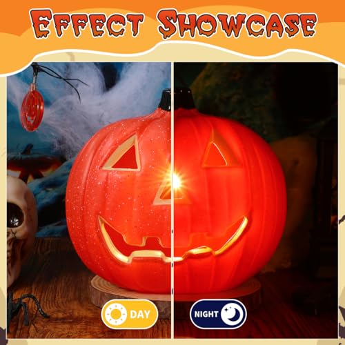 Housoutil Hollow Out Jack-o-Lantern Orange Decor Outdoor Plant LED Lanterns Halloween Pumpkin Table Light Artificial Glowing Pumpkins LED Halloween Pumpkin Light Plastic Orange Party Decor