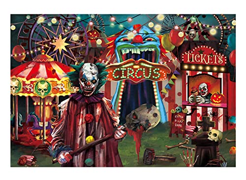 Funnytree 7x5ft Halloween Evil Circus Theme Backdrop for Photography Clown Creepy Carnival Haunted House Horror Scary Birthday Party Decorations Banner Home Decor Photo Booth Props Background - size: 7'x5'