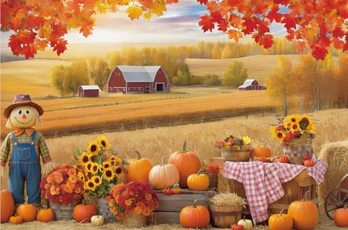 Fall Photography Backdrop 7x5ft, Autumn Maple Leaves Photo Background, Pumpkins Background for Thanksgiving Party, Farm Harvest Photo Booth Props - color: Autumn Backdrop-2, size: 7×5ft