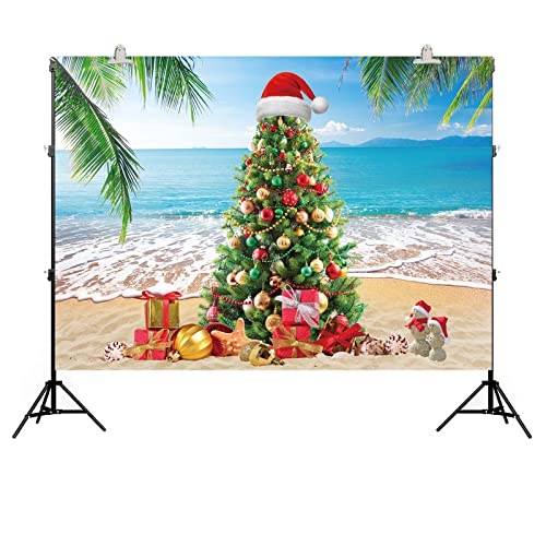 July Christmas Tree Photography Backdrop - Tropical Beach Palm Leaves Blue Sky Ocean Family Holiday Party Photo Backdrop (8X6FT(94X70inch)) - size: 8X6FT(94X70inch)