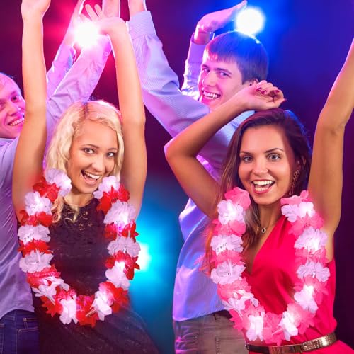 Sherr 24 Pcs LED Leis Light up Wedding Hawaiian Leis Flower Necklace with LED Lights Beach Tropical Carnival Party Wedding Supplies Luau for Masquerade(Pink Series) - color: Multi Pink