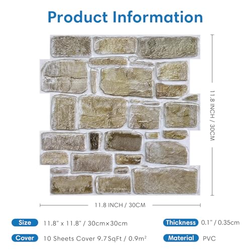 COMSTICKC 3D Faux Stone Peel and Stick Wall Panel, Faux Brick Wall Panels, 10 Pcs of 12"X12" Lightweight Thin PVC Rock Adhesive Fake Brick Backsplash Kitchen Living Room, Paintable - color: Brown - 01