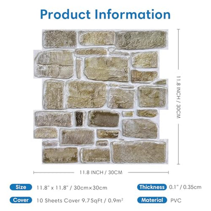 COMSTICKC 3D Faux Stone Peel and Stick Wall Panel, Faux Brick Wall Panels, 10 Pcs of 12"X12" Lightweight Thin PVC Rock Adhesive Fake Brick Backsplash Kitchen Living Room, Paintable - color: Brown - 01