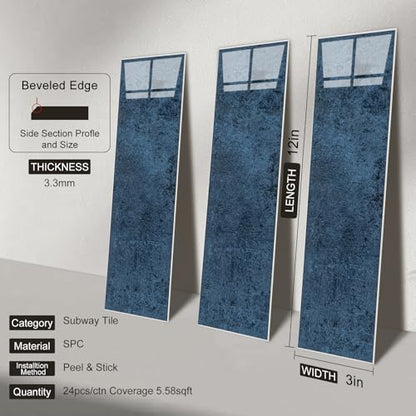 24-Pieces Peel and Stick Tiles for Kitchen Backsplash, New Upgrade Design 12" x 3"SPC Subway Backsplash Tiles, Marble Blue Premium Finger Tiles (Blue). - color: Blue, size: 10 Sheet