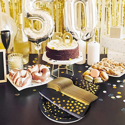 Serves 35 Guests Black and Gold Plates and Napkins Party Supplies,7" Black Paper Plates and Napkins,Disposable Party Dinnerware for Birthday Wedding,Graduation - color: Black Gold Dot Paper Plate
