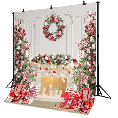 8x8 FT Christmas Fireplace Backdrop White Fireplace Red Xmas Tree Photography Background Winter Christmas Family Kids Holiday Party Theme Decorations Banner Photo Booth Props - size: 8x8 FT