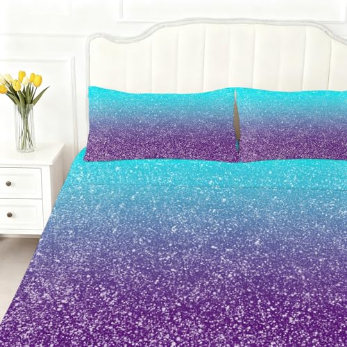 Glitter Blue Purple Fitted Sheet Set Full Size Fantasy Gradient Sheet Set Soft Microfiber 4-Piece Kids Sheet Set Full Bedspread 1 Fitted Sheet+1 Flat Sheet+2 Pillowcase Bedding Set - color: Blue and Purple, size: Full