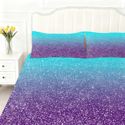 Glitter Blue Purple Fitted Sheet Set Full Size Fantasy Gradient Sheet Set Soft Microfiber 4-Piece Kids Sheet Set Full Bedspread 1 Fitted Sheet+1 Flat Sheet+2 Pillowcase Bedding Set - color: Blue and Purple, size: Full