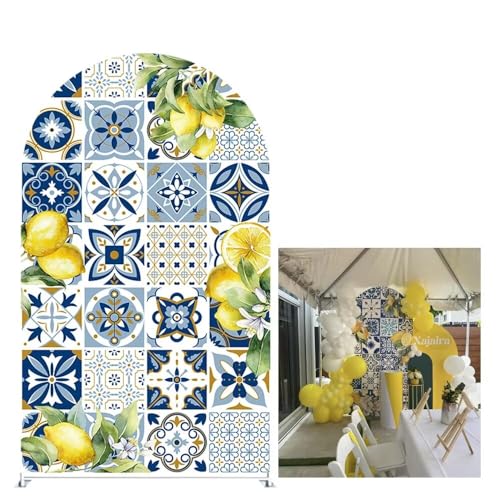 Mediterranean Lemon Arch Backdrop Cover Double-Sided Patchwork Tile Positano Morocco Bridal Shower Arched Party Birthday Background - color: Gx-1514, size: 3ftx6ft (35"x72")