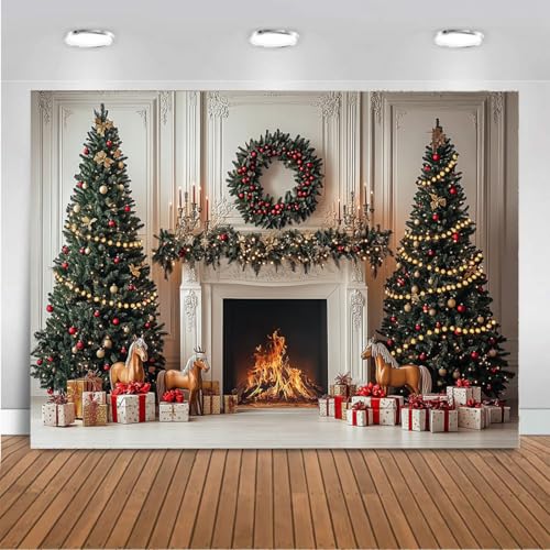 Mocsicka Christmas Fireplace Backdrop Classic Christmas Interior Room Photography Background Winter Family Holiday Home Xmas Tree Party Decorations Photo Booth Props (7x5ft (82x60 inch))