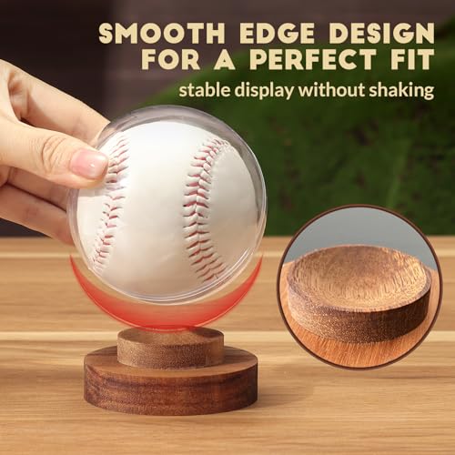 JupDec Baseball Display Case, Round Clear Ball Holder with Wooden Base, Autograph Baseball Stand Box for Single Ball, Acacia Wood, Brown