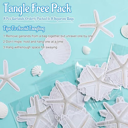 Xinnun Coastal Party Decorations White Finger Starfish and Seashell Garland Ocean Nautical Theme Cutouts Ribbon Streamers for Under The Sea Beach Mermaid Birthday Beach Wedding Decor - style: Shell